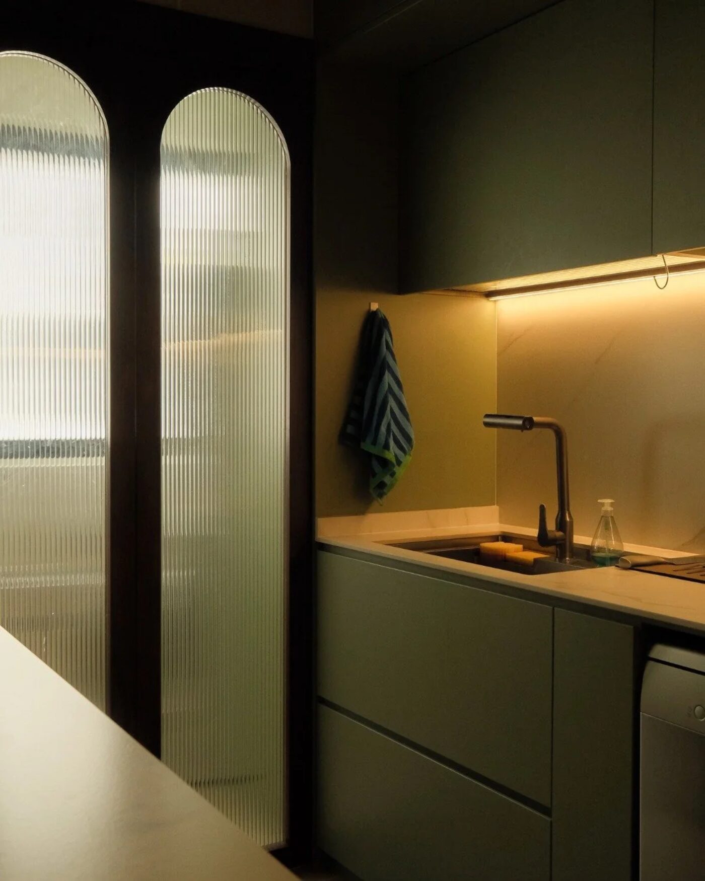 Fluted glass, olive kitchen, Aura Design & Co. Singapore